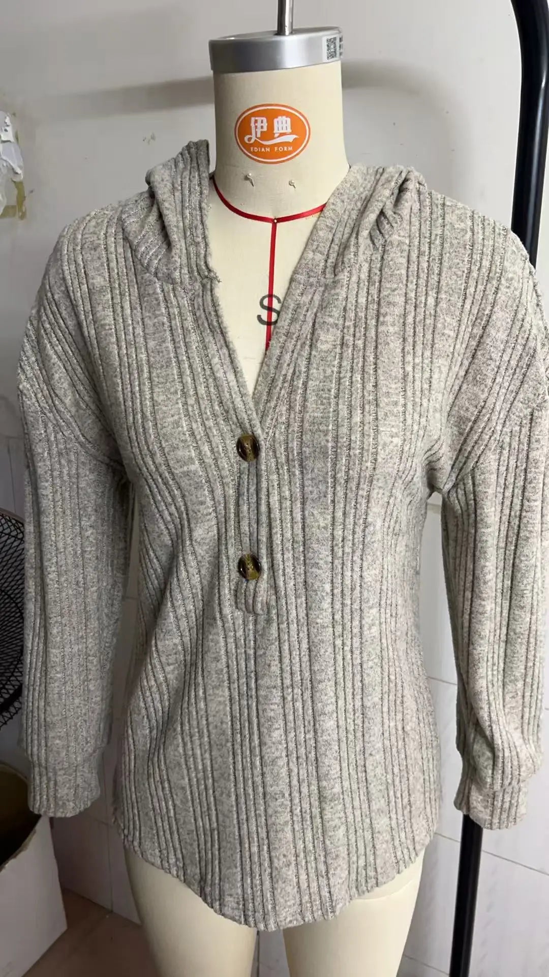 Ingvn - Women's Striped Ribbed Hooded Blouse Half Button Loose Long Sleeve Casual Daily Wear Pullover Top