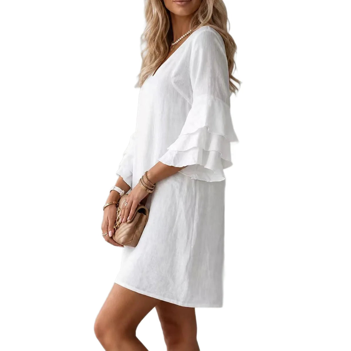 Ingvn  Women's Summer Dress Fashion Solid Color Loose Ruffled Sleeve Elegant V-Neck Simple Mini Dresses For Women Casual Clothing