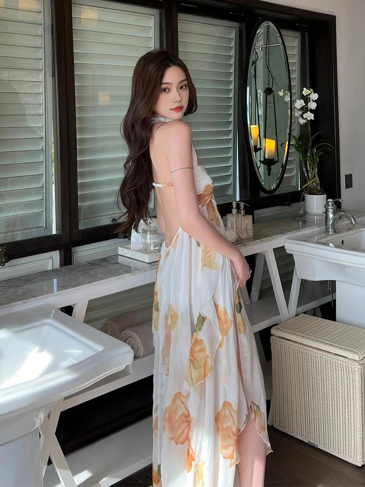 Ingvn  Sweet Sle Beach Vaion Bal off oulder Long Dr Irregular Hem Polyester Fiber A-Line Skirt Summer Season Print Pa...