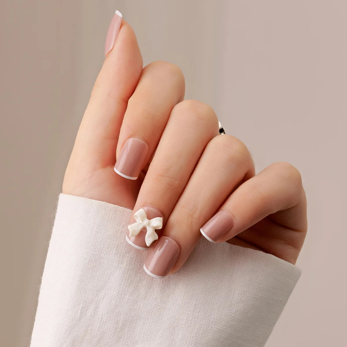 White French Press on Nails 3D Bowknot Designs Nude Color Fake Nails Wearable False Nails Tips for Women DIY Manicure 24Pcs