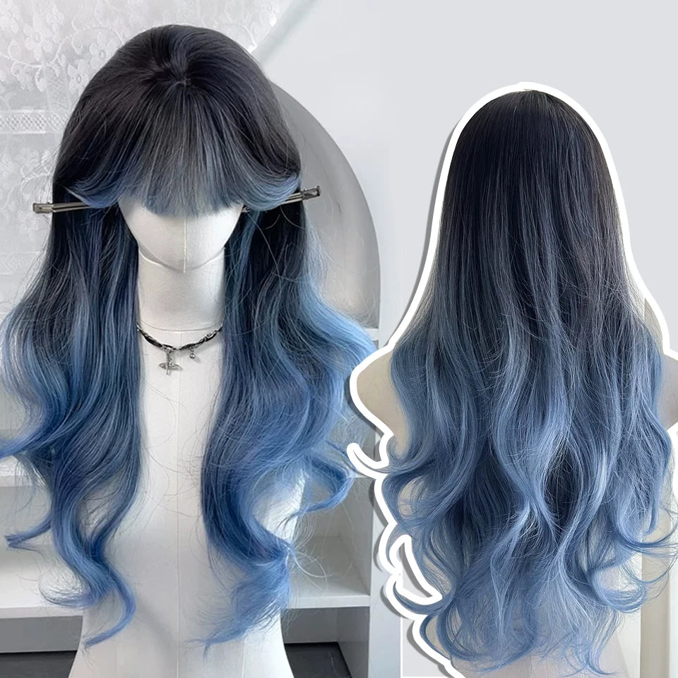 Ingvn  Long Wavy Pink Wig with Bangs Synthetic Cosplay Natural Lolita Purple Green Wig Halloween Costume Wig for Women Daily Wear