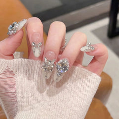 Ingvn  10Pcs Butterfly Rhinestone Full Cover Nail Tips Almond White French Handmade False Nails Press on Wearable Oval Fake Manicure