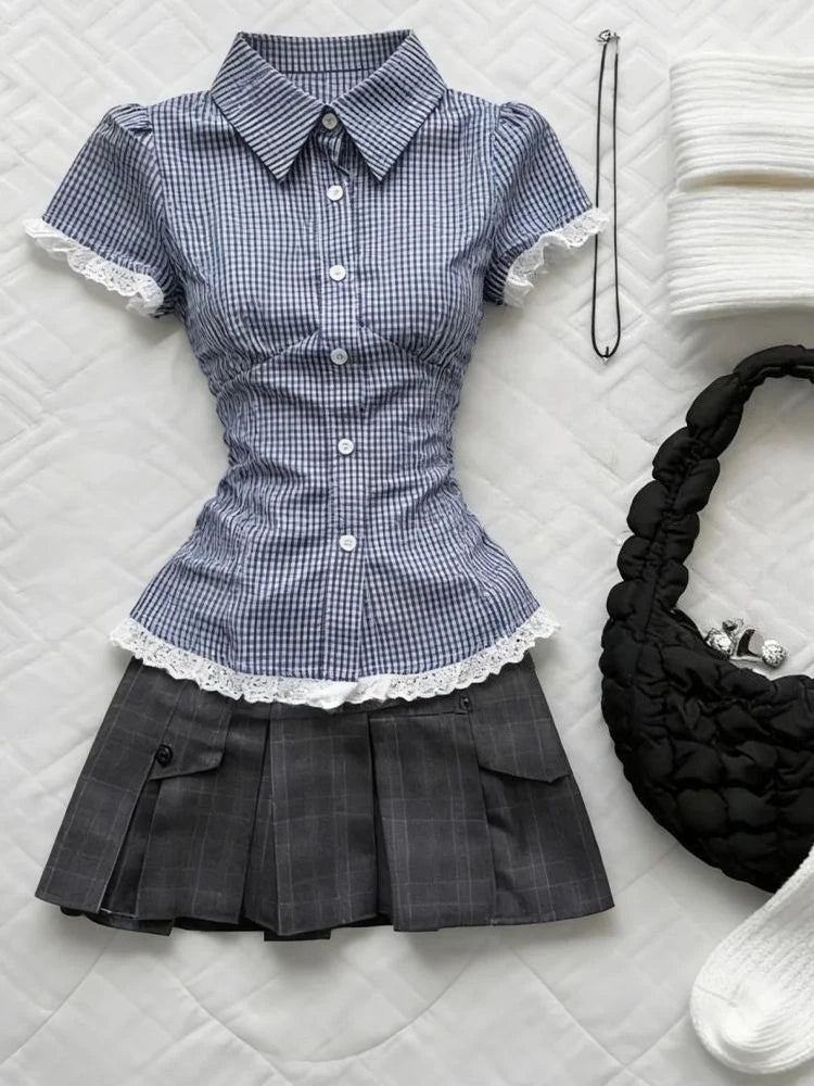 Ingvn  Retro Sweet Two Piece Set Women Plaid Short Sleeve Shirt High Waist Pleated Skirt Y2K Harajuku Hot Girl Summer