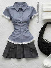 Ingvn  Retro Sweet Two Piece Set Women Plaid Short Sleeve Shirt High Waist Pleated Skirt Y2K Harajuku Hot Girl Summer