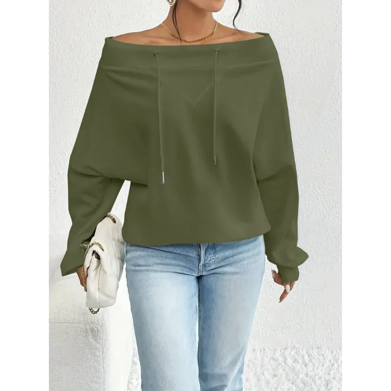 Ingvn - Women's Royal Blue Off-the-shoulder Boat Neck Sweatshirt Long Sleeve Drawstring Design Casual Fashion Loose Pullover