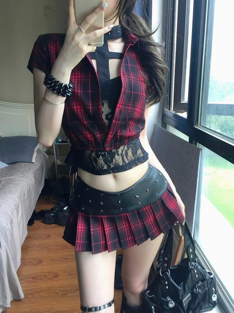 Ingvn  Subculture Gothic Plaid 3 Piece Set Women Retro Short Sleeve Halter Crop Tops Mini Pleat Skirt Punk Sexy Streetwear Design