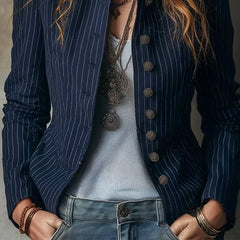 Ingvn  American Style Slim Fit Stripe Jacket Outerwear Lady Autumn Fashion Elegant Stand Collar Single Breasted Coat For Women Top