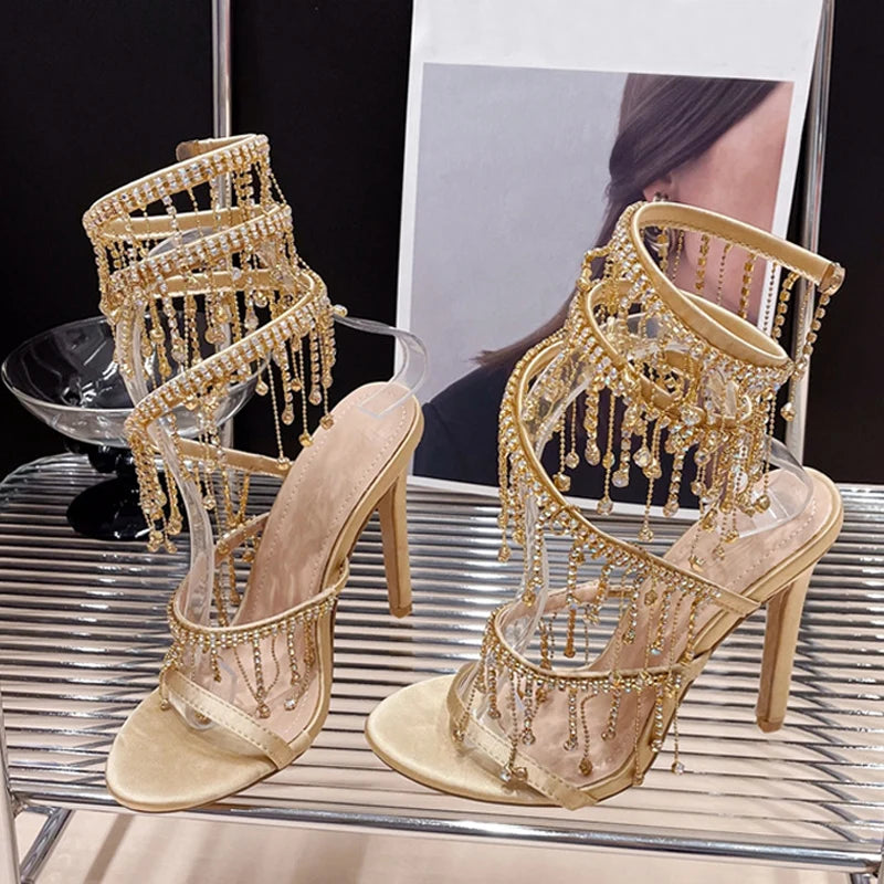 Ingvn  Women Wedding Banquet Shoes Fashion Crystal Tassel Twining Stiletto Sandals Sexy Open Toe Stripper Heels Golden