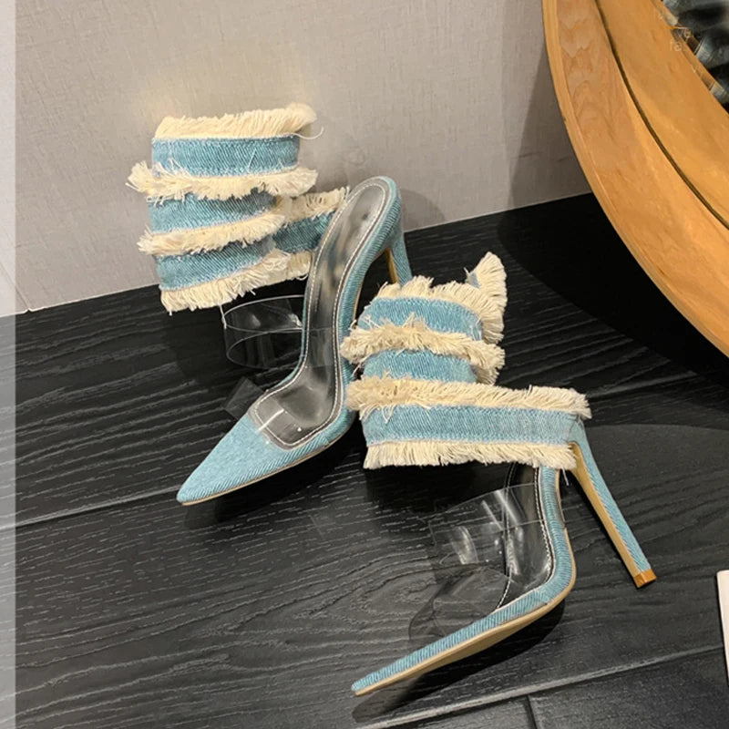 Ingvn  New Design Denim Ankle Snake Surround Strap Sandal Women Transparent PVC Summer High Heels Party Stripper Shoes Pumps
