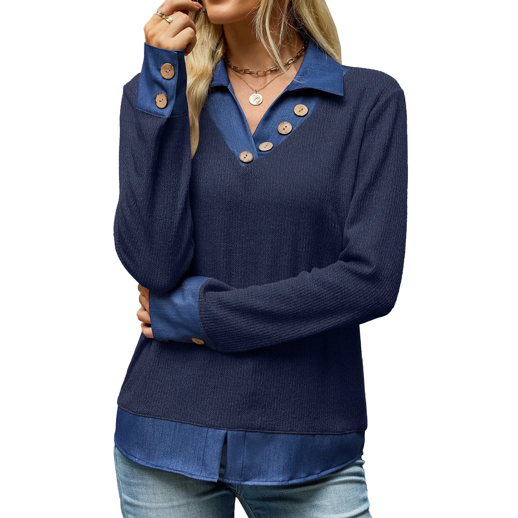 Ingvn  Autumn Women's Collared 2 In 1Pullover  Long Sleeve Button Top |buttoned Cuffs Shirttail Hem Color Collar Top Casual Pullove