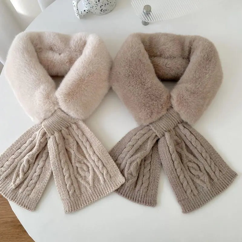 Ingvn - Women's Autumn Winter Knit Scarf Faux Fur Cross Neck Warmer Solid Thick Warm Elegant Chic Coquette Trendy