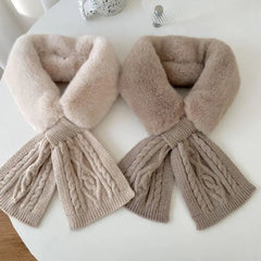 Ingvn - Women's Autumn Winter Knit Scarf Faux Fur Cross Neck Warmer Solid Thick Warm Elegant Chic Coquette Trendy