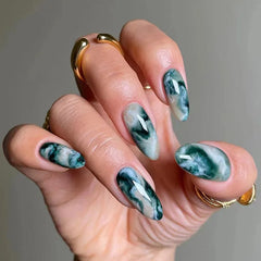 Ingvn  24Pcs Wearable Almond Fake Nail with Halo Stained Purple Design Short Oval False Nails Round Head Press on Nails Full Nail Tips