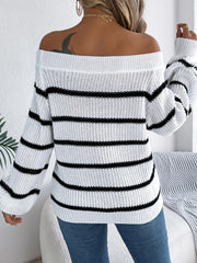 Ingvn - New Fashion Sexy Slash Neck Striped Long Sleeve Women Sweaters Autumn Winter Elegant Casual Loose Jumper Knitted Sweaters Tops