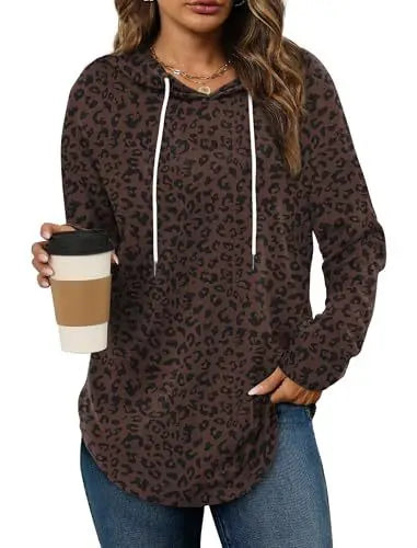 Ingvn - Women's Spring Autumn New Hooded Sweatshirt Leopard Print Plaid Stripe Print Trendy Versatile Fashion Casual Pullover Top