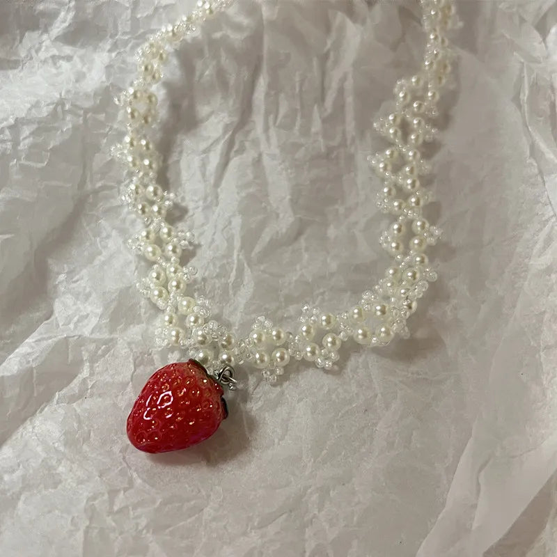 Ingvn  Handmade love necklace, sweet romantic pearl strawberry pendant necklace lovely necklace cute necklace necklace for women y2k