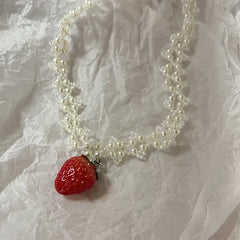 Ingvn  Handmade love necklace, sweet romantic pearl strawberry pendant necklace lovely necklace cute necklace necklace for women y2k