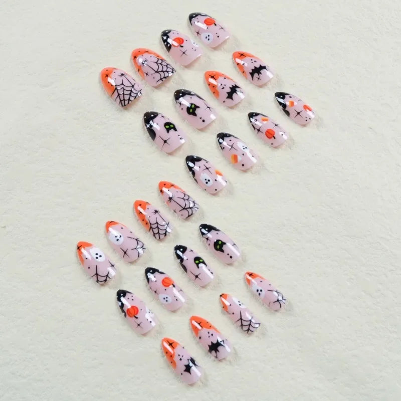Ingvn  24pcs/set Halloween Black Spider Web Bat Short Press on Nails for Girls Medium False Nails with Glue Medium Square Cheap French