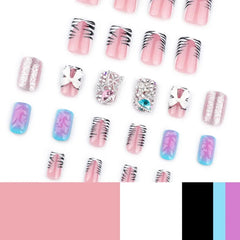 Ingvn  24pcs French Press on Nails Black and White Zebra Print Rhinestone Fake Nails Mid Square Nail Tips Artificial Nails for Sticking