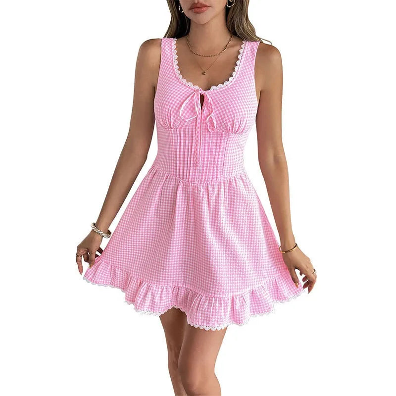 Ingvn  Summer Women's Clothing Pink Gingham Short Dress With Lace Up Sleeveless High Waist U Neck Bodycon For Woman Polyester Fabric