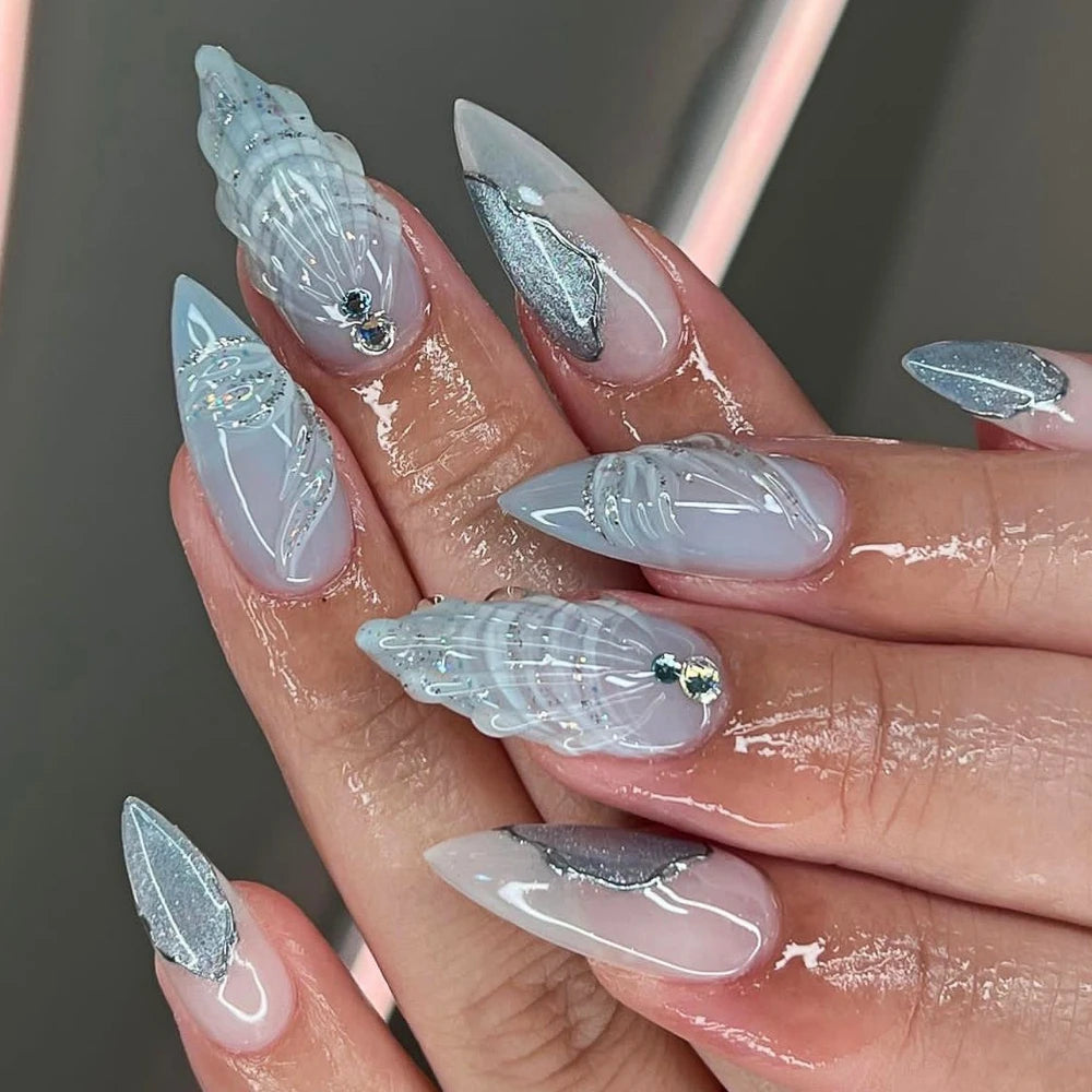 3D Pearl Shell Fantasy Polarized French Almond Shape False Nails Summer Detachable Finished Fake Nails Press on Nails with Glue