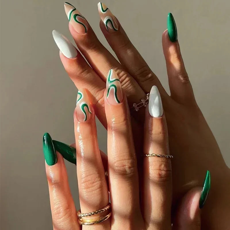 Ingvn  24Pcs Simple Green French False Nails Short Almond Fake Nails with Wave Line Design Wearable Round Head Press on Nail Tips