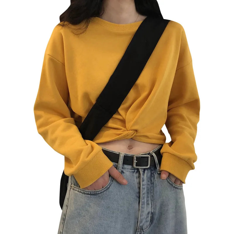 Ingvn - Women Irregular Twist Cropped Sweatshirt Spring Autumn Thin Long Sleeve Crew Neck Y2K Crop Top