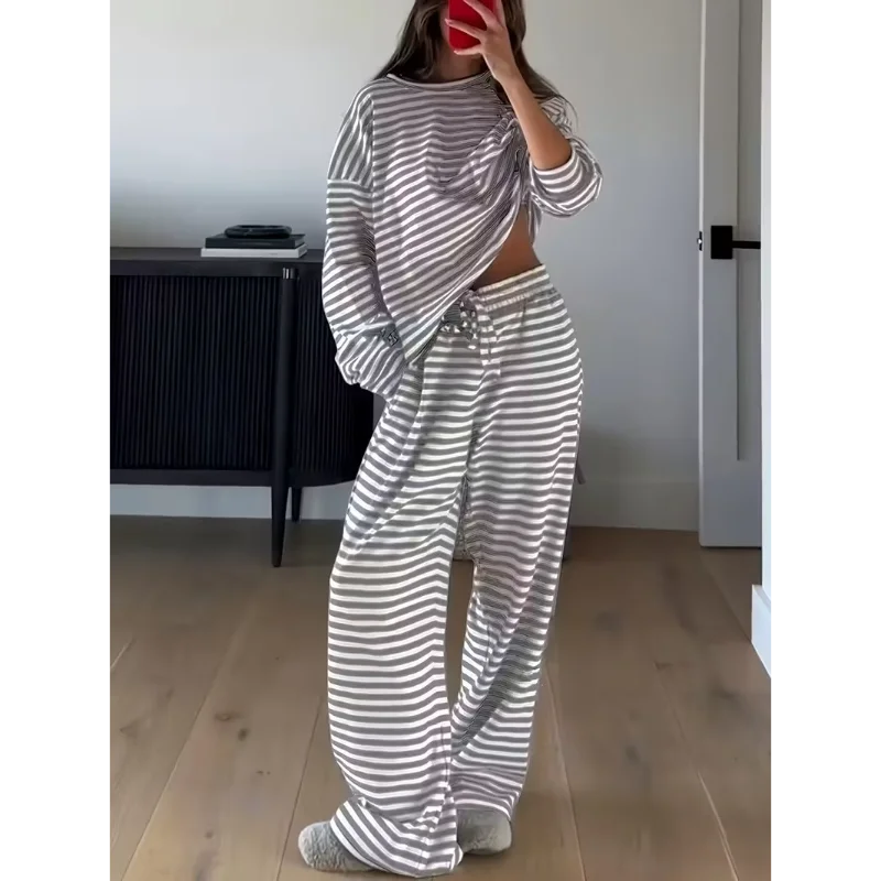 Ingvn - Women's 2 Piece Loungewear Set Red White Stripe Oversized Long Sleeve Top Wide Leg Pants Casual Loose Home Wear Outfit