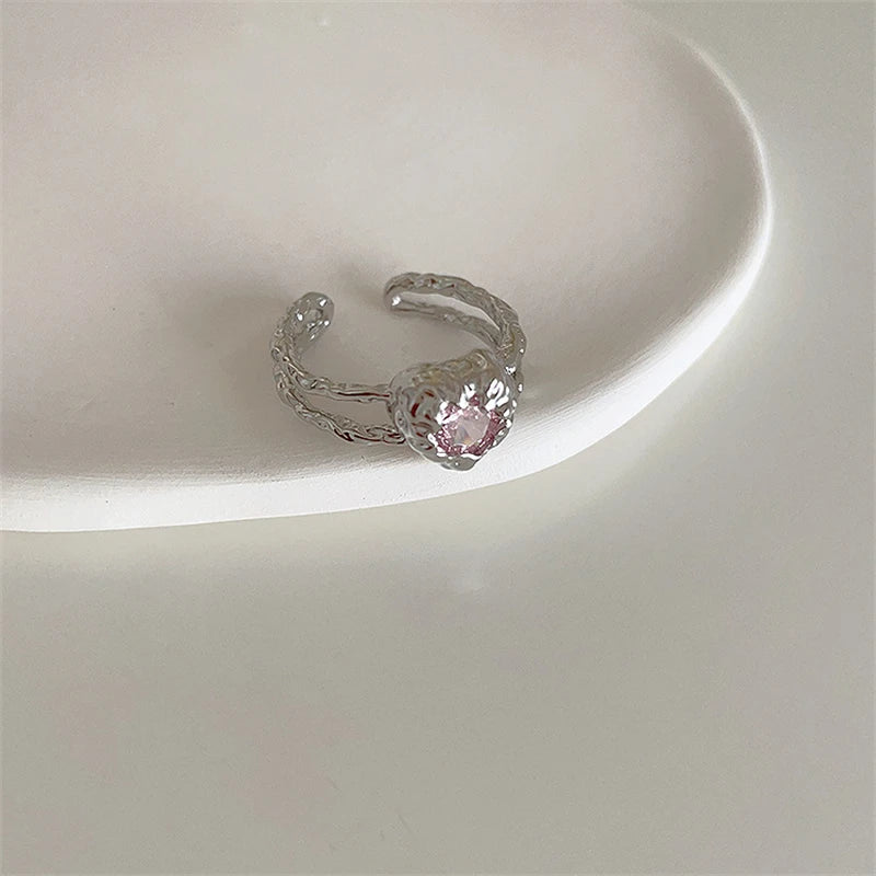 Ingvn  Pink Crystal Irregular Heart Rings Creative Zircon Bowknot Opal Love Heart Open Ring Y2K Shiny Rings for Women Party Jewelry