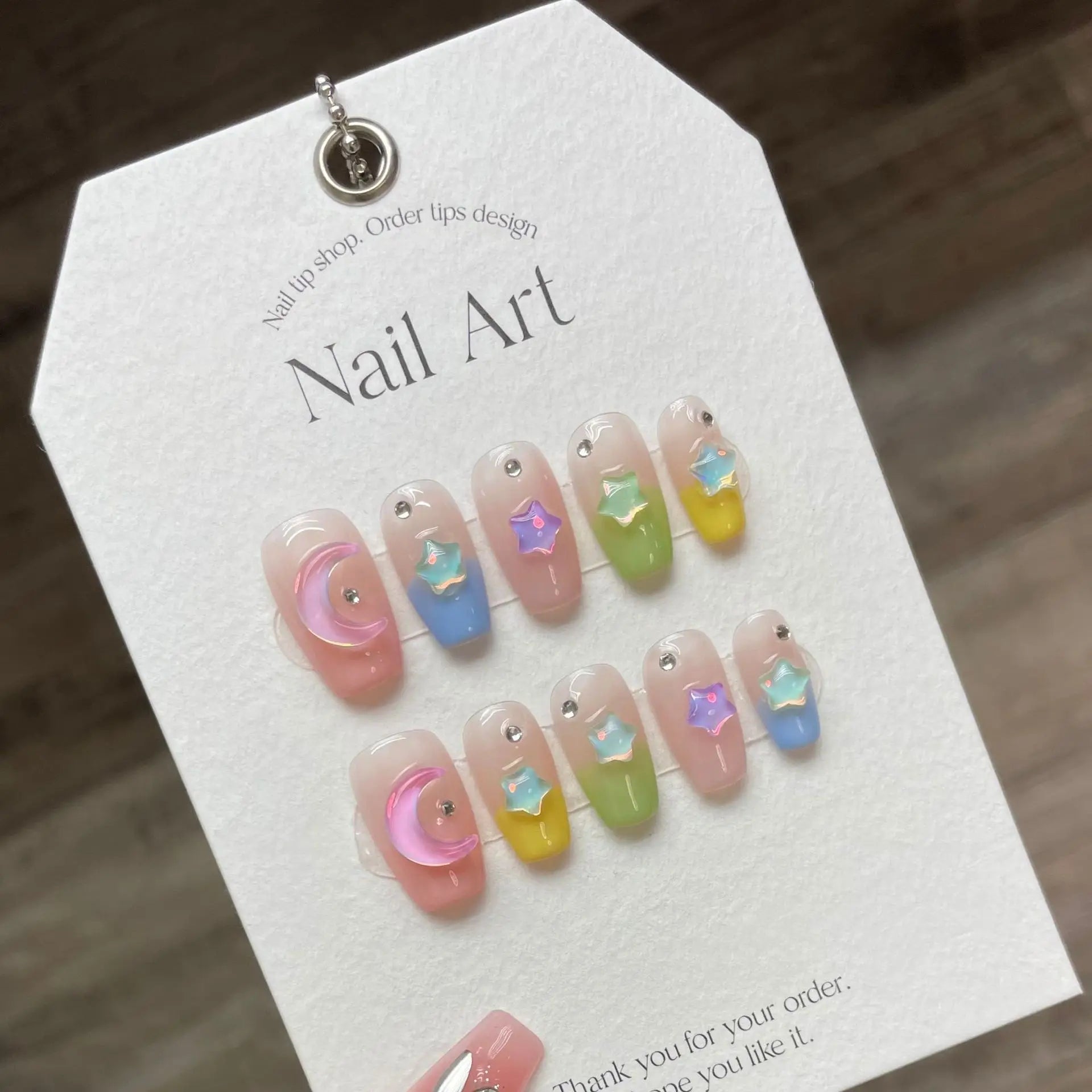 Ingvn  10Pcs Handmade Press on Nails Long Ballet Blue Fake Nails with 3D Ocean Moon Rhinestone Design False Nails Full Cover Nail Tips