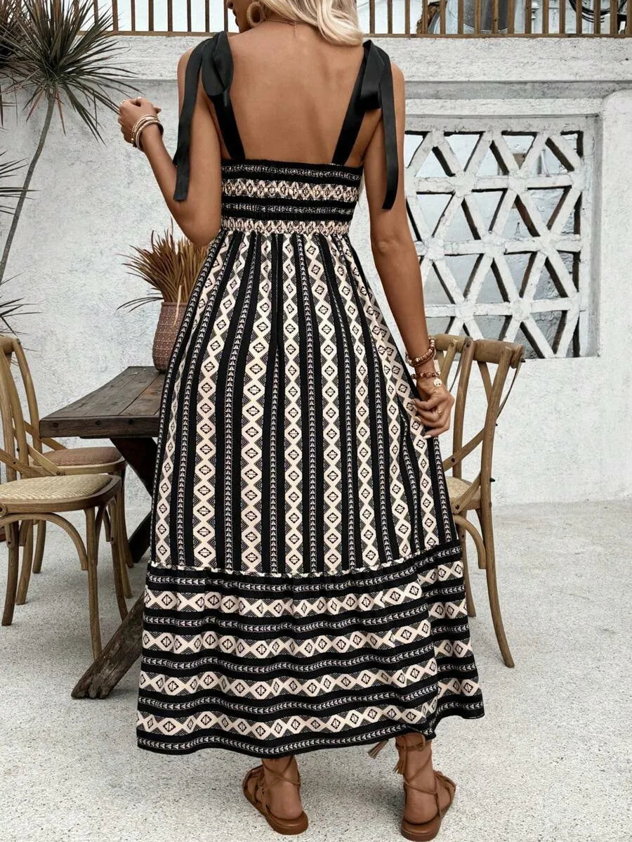 Ingvn  Summer Spring Women's Clothing Striped Strap High Waist A Line Dress Polyester V Neck Sleeveless Slim Fit S