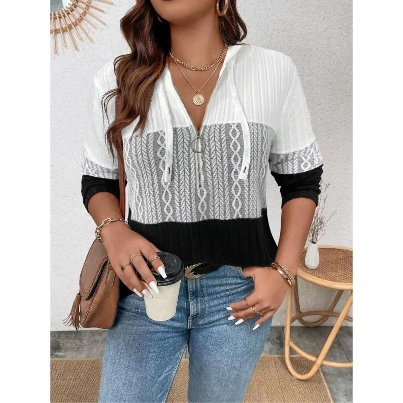 Ingvn  Plus Size 1XL-5XL Women Fashion  Hooded Zipper Full Sleeve Tops Ladies  Elegant Tees T-Shirts Drawstring Casual  Streetwear