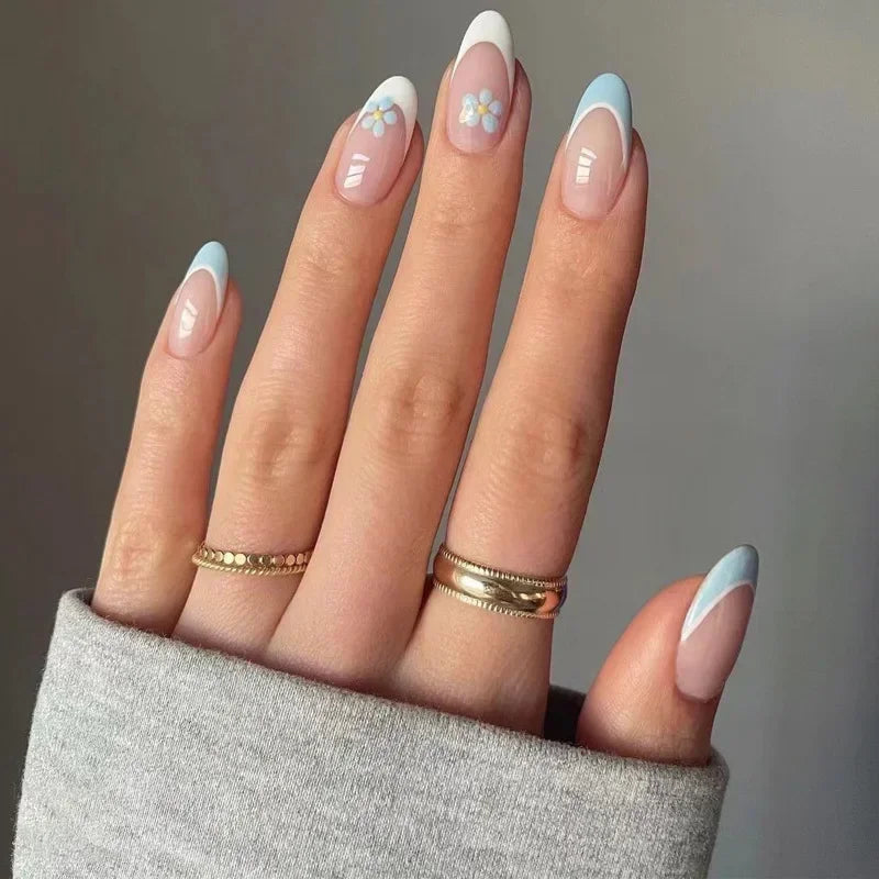 Ingvn  24Pcs Simple Green French False Nails Short Almond Fake Nails with Wave Line Design Wearable Round Head Press on Nail Tips