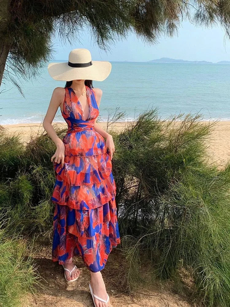 Ingvn  Sexy Floral Print Cascade Ruffles Hem Dress Women Halter Cross Tie Bow Backless Holiday Vocation Dresses Robe Korea Clothes