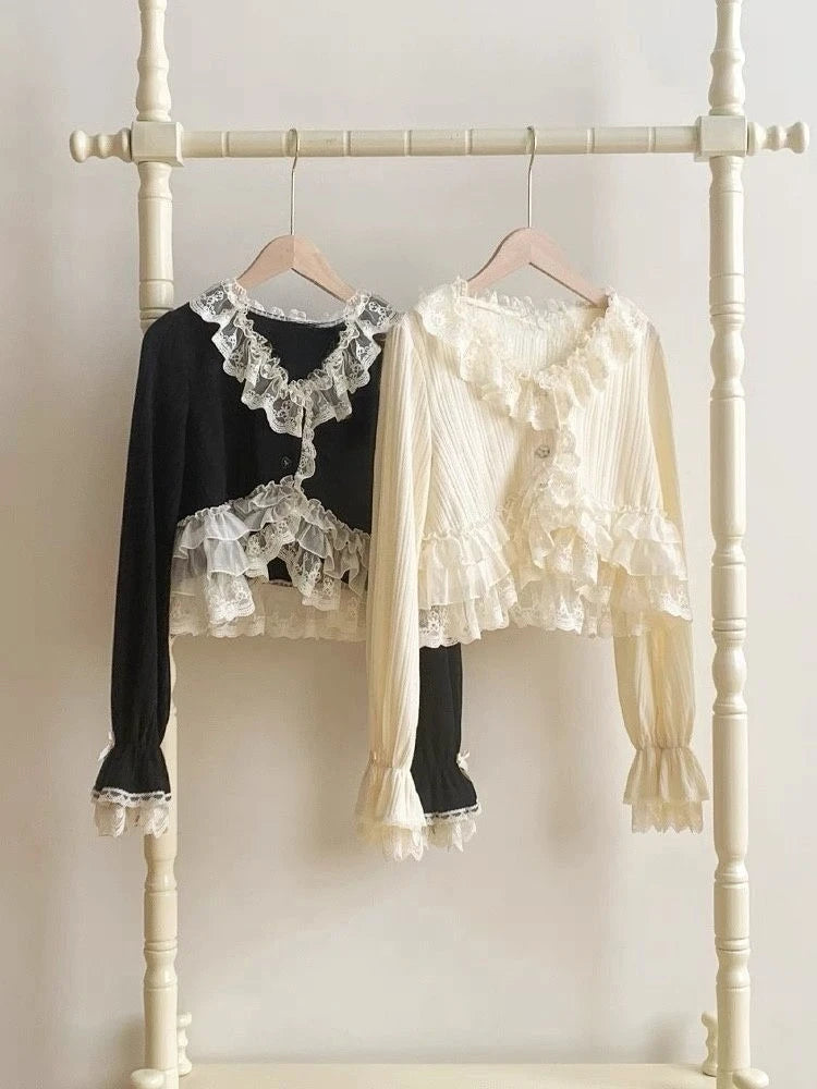 Ingvn  Soft Girl Japanese Lolita Cardigan Ladies Y2K Harajuku Lace Long Sleeve Shirt Sweet Lovely Subcultural Daily Casual Basic Tops