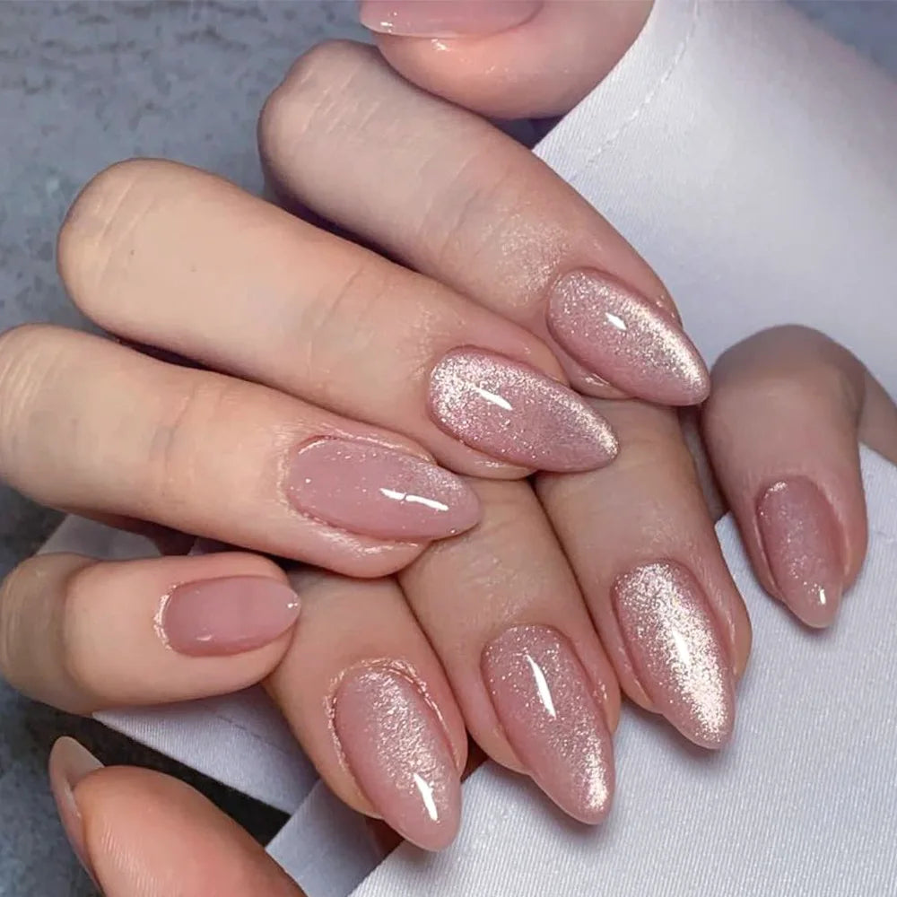 Ingvn  24Pcs Simple Green French False Nails Short Almond Fake Nails with Wave Line Design Wearable Round Head Press on Nail Tips