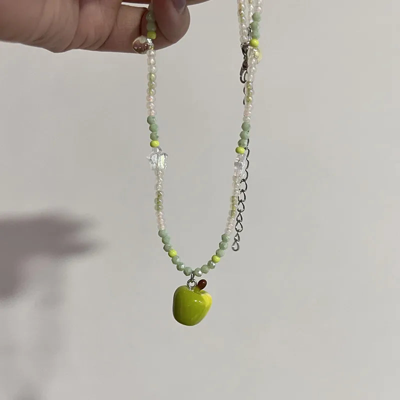 Ingvn  New Cute Harajuku Cartoon Fruit Ceramic Pendant Green Charm Beads Choker Necklace Women Y2K Jewelry Aesthetic Summer Accessories