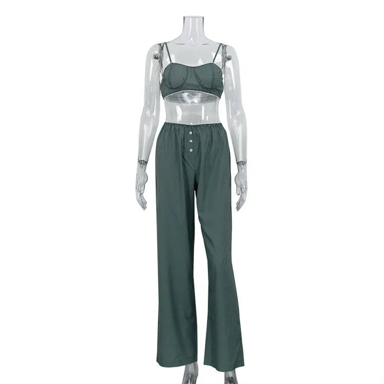 Ingvn  Striped Olive Green Sexy Two Piece Set for Women Lace Trim Camisole High Waist Wide Leg Pants Casual Home Outfits