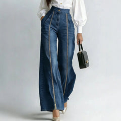 Ingvn  Women's Stylish Gold Zipper Denim Jeans Summer High Waist Fashion Straight Tube Wide Leg Flared Denim Trouser For Chic Pants