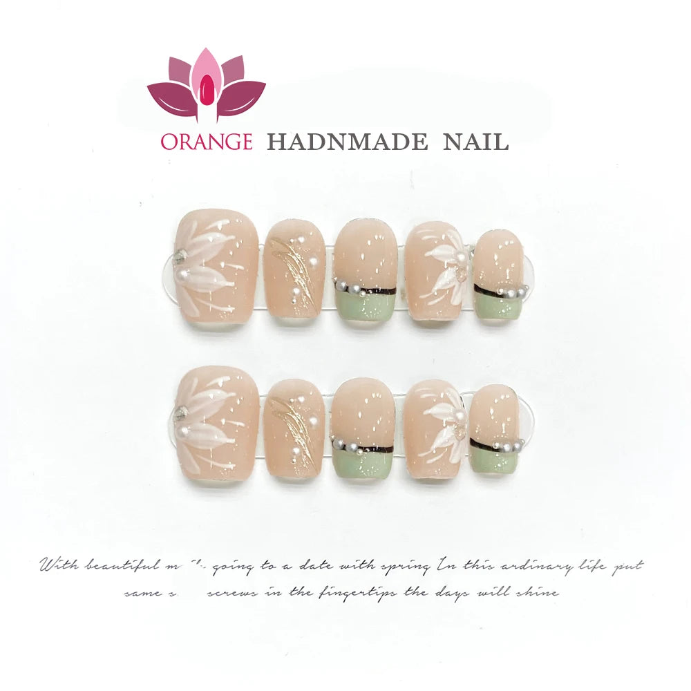 Handmade Press On Nails French Flower Designed Translucent Reusable Fake Nails Artificial Manicuree Wearable Orange Nails Store