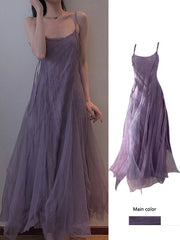 Ingvn  Slimming Effect Purple Mesh Ankle-Length Dress Women's plus Size Strapless Gown Korean Style High Waist A-Line Skirt