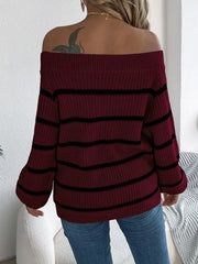 Ingvn - New Fashion Sexy Slash Neck Striped Long Sleeve Women Sweaters Autumn Winter Elegant Casual Loose Jumper Knitted Sweaters Tops