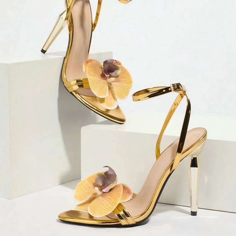 Ingvn  Strange Style Metal High Heels For Ladies Orchid Flowers Narrow Band Open Toe Ankle Strap Sandals Women Party Dress Shoes