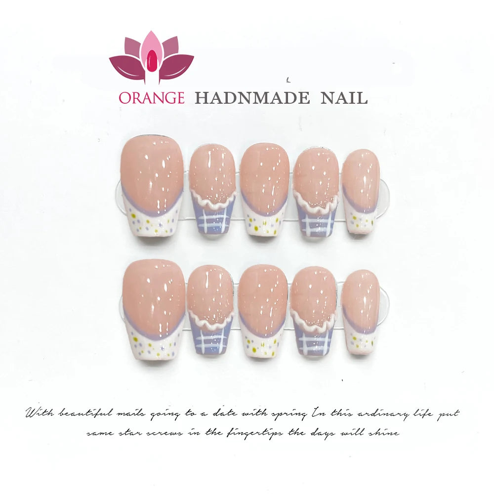Handmade Press On Nails French Flower Designed Translucent Reusable Fake Nails Artificial Manicuree Wearable Orange Nails Store