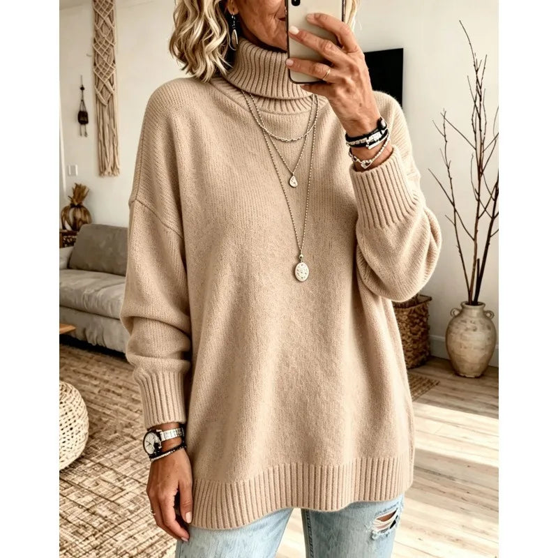 Ingvn - Women Turtleneck Knit Sweater Loose Long Sleeve Pullover Thick Autumn Winter Base Layer Top