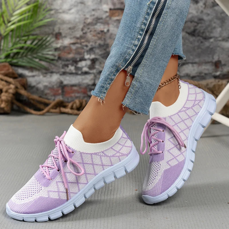Ingvn  Women's Fashion Strip Plaid Knitted Sneakers Soft Sole Breathable Mesh Running Shoes for Women Lightweight Slip On Tennis Shoes