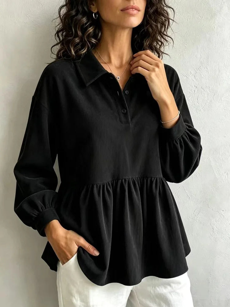 Ingvn - New Fashion Pleated Turn Down Collar Long Sleeve Women Blouse Office Lady Elegant Solid Color Shirts Spring Autumn Woman Tops