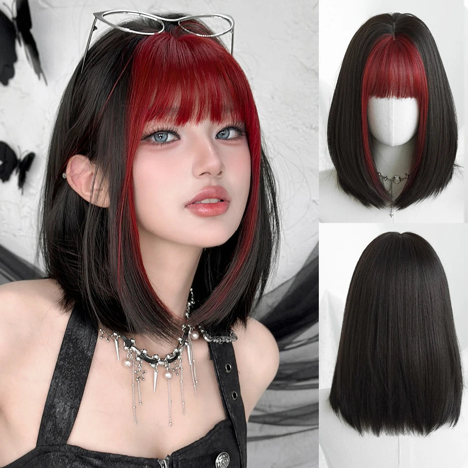 Ingvn  ﻿ Short Brown Straight Synthetic Wig with Bangs Curly Hair Pink Green Lolita Wigs for Women Daily Party Cosplay Christmas Wig