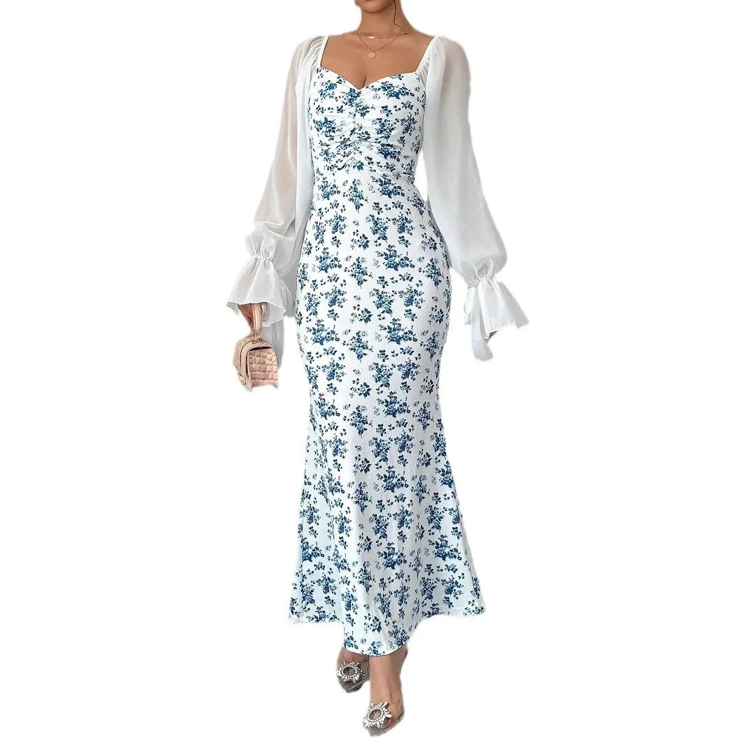 Ingvn  Women's Long-sleeved V-neck Dress Chiffon Patchwork Knitted Printed Hip-hugging Long Skirt