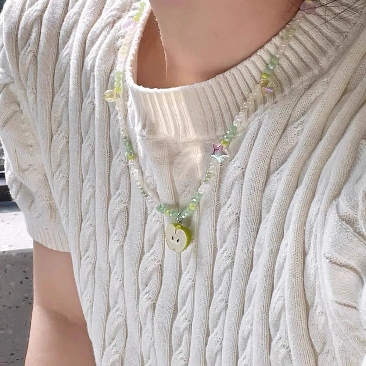 Ingvn  New Cute Harajuku Cartoon Fruit Ceramic Pendant Green Charm Beads Choker Necklace Women Y2K Jewelry Aesthetic Summer Accessories